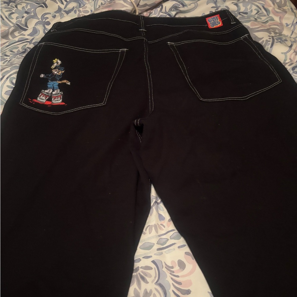 Black Jeans with Embroidered Cartoon Design